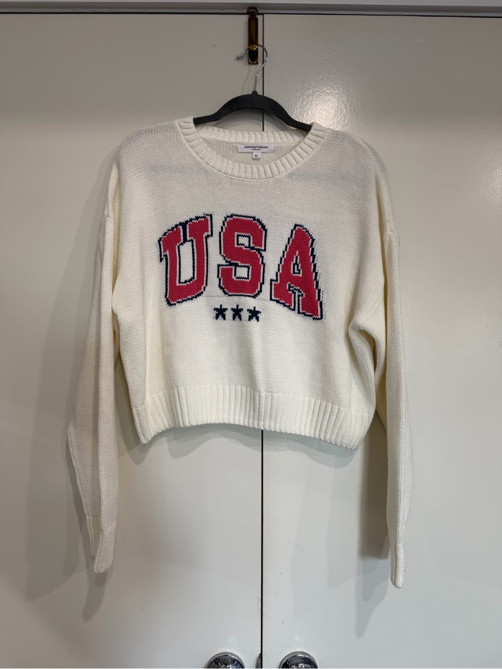 Grayson Threads Cream USA Crewneck Sweater with Pink Lettering